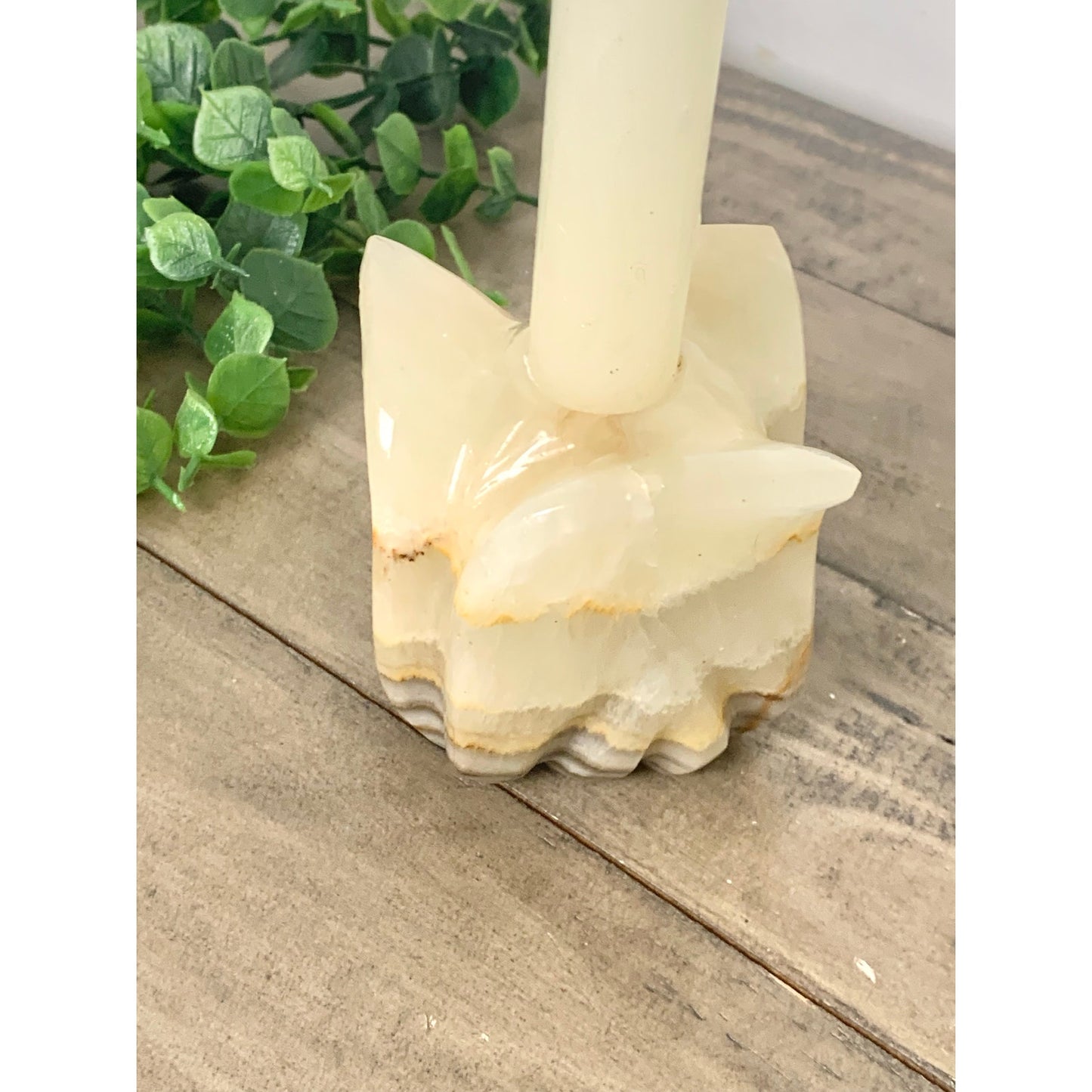 Vintage Onyx Stone Candle Holder Carved Marble Style Taper Holder Floral Earthy