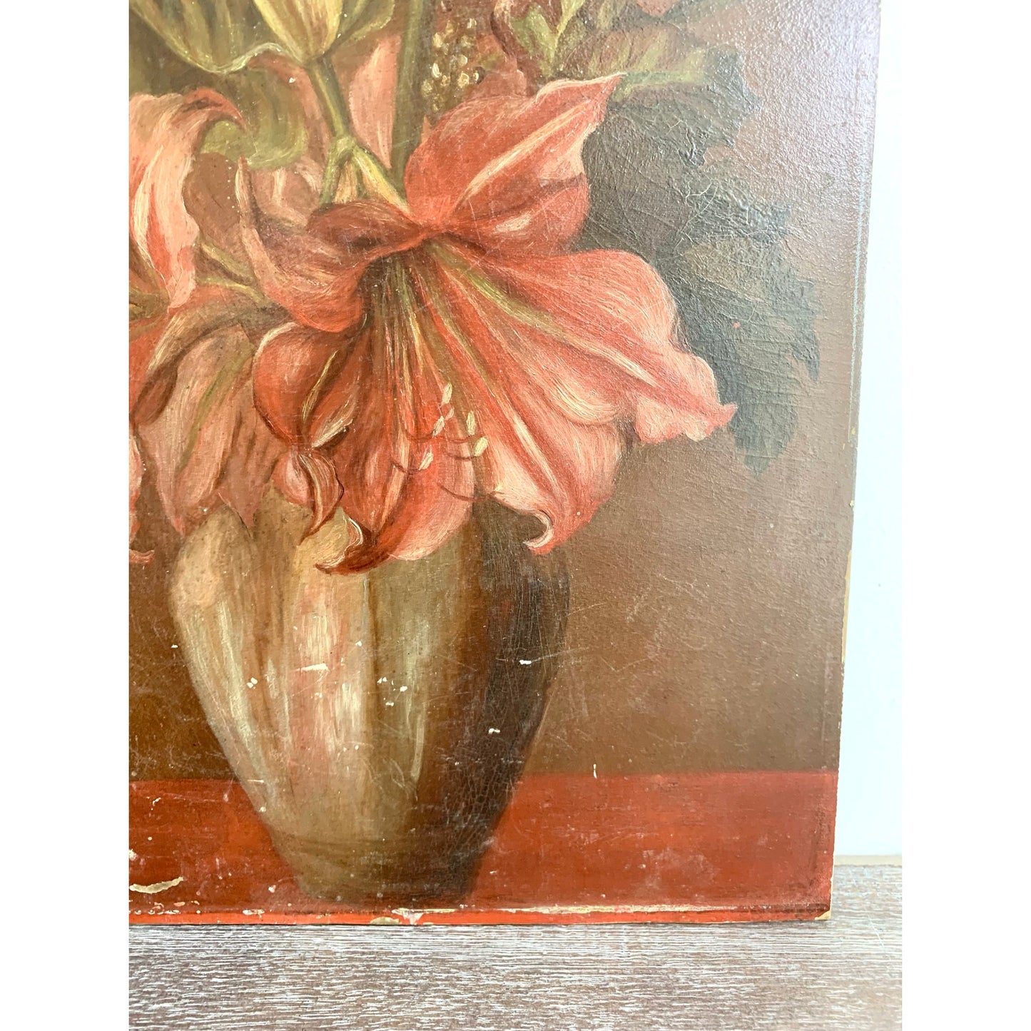 Antique Floral Still Life Oil Painting on Board – Red White Lilies 18” x 11.9” Vintage Art Romantic
