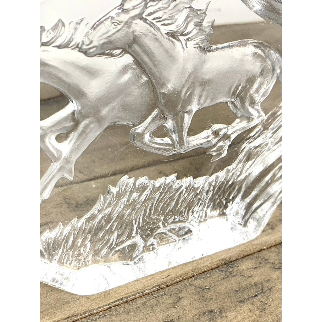 Vintage Clear Glass Horse Paperweight – Etched Wild Horses Sculpture