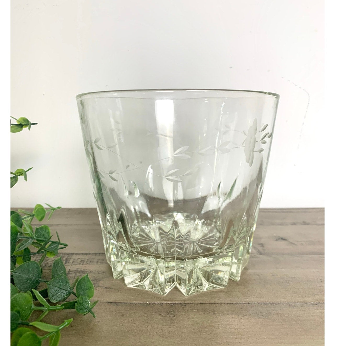 Vintage Princess House Etched Glass Ice Bucket with Floral Band and Starburst Base