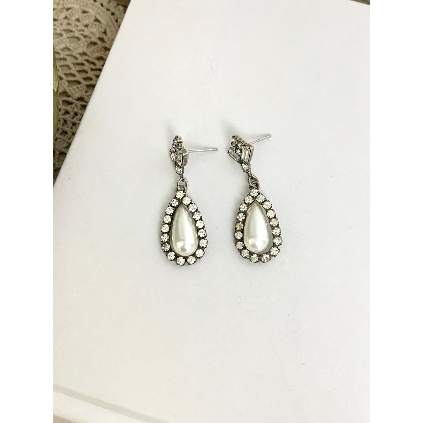 Vintage Art Deco Rhinestone Faux Pearl Drop Earrings Teardrop Bridal Dangle Post Back