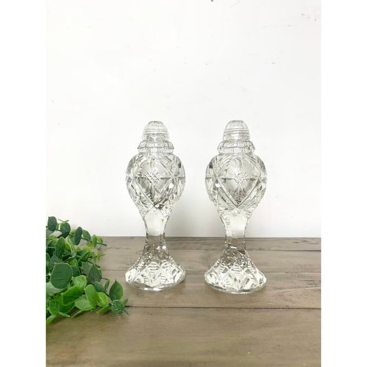 Vintage Cut Crystal Salt & Pepper Shakers Faceted Pedestal Pair with Starburst Pattern