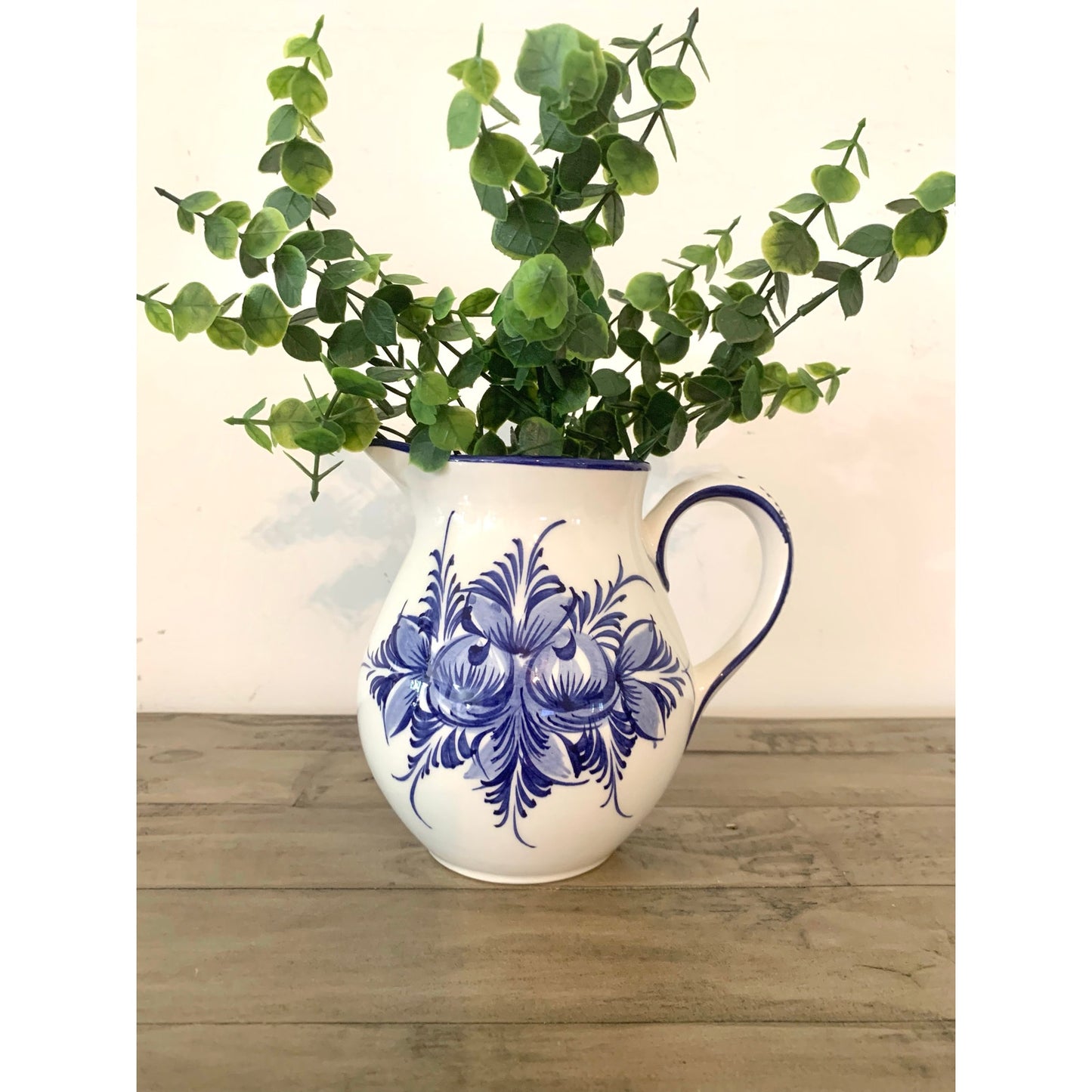 Vintage Blue & White Floral Pitcher Hand Painted Portugal Ceramic Vase Cottage