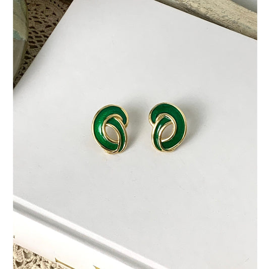Vintage Green Enamel Goldtone Post Back Earrings Classic Jewelry Retro Glam