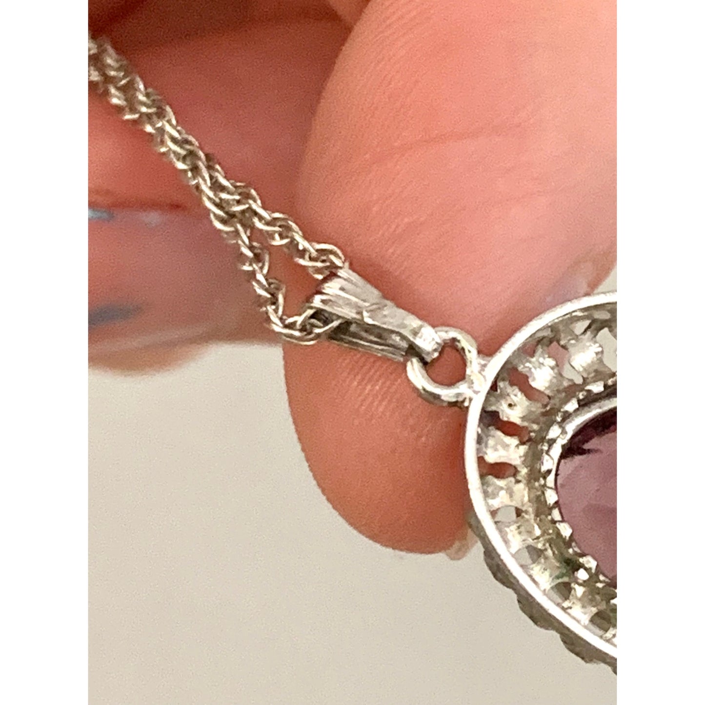 Vintage Sterling Silver Amethyst Purple Halo Pendant Necklace 25 Inch Chain