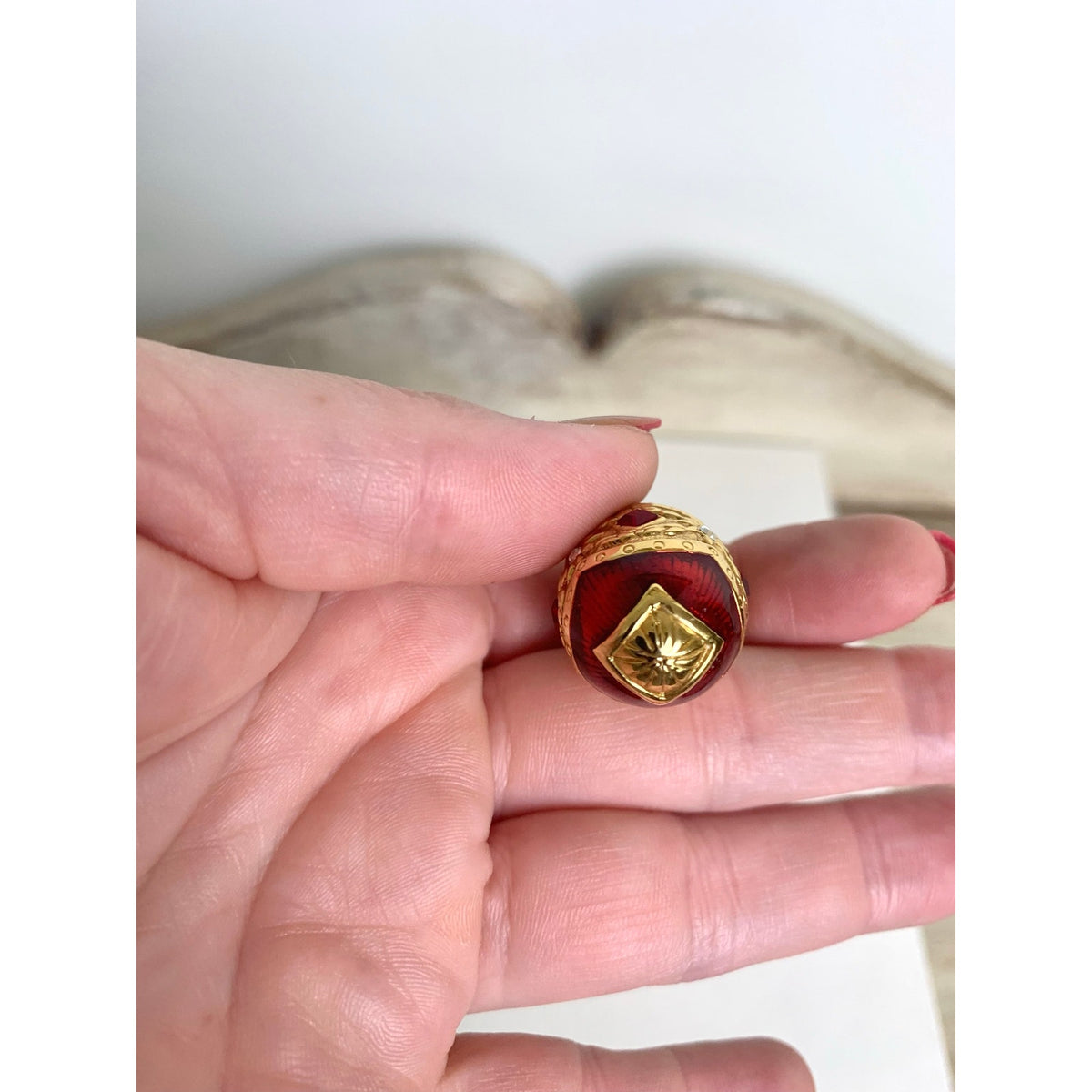 Vintage Joan Rivers Red Enamel Egg Pendant Necklace Crown Rhinestone Gold Tone