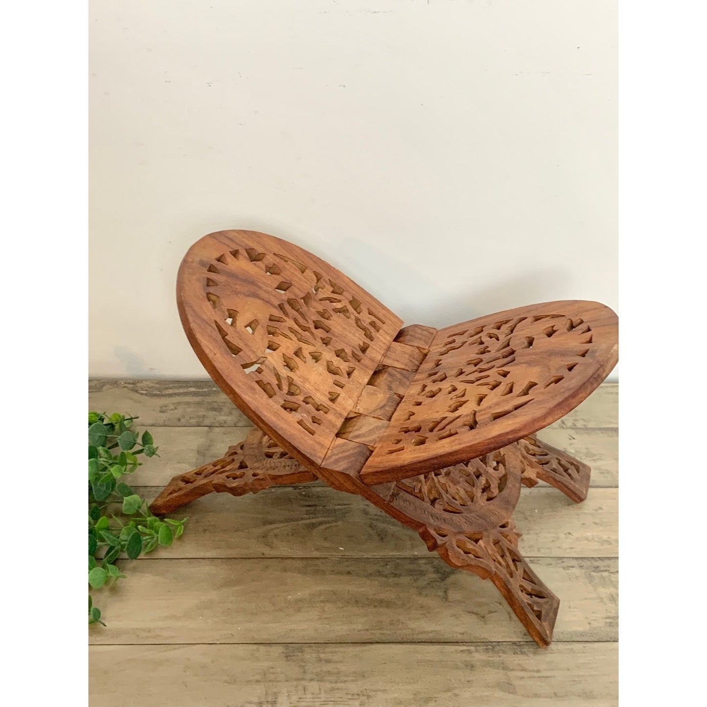 Vintage Hand Carved Wooden Book Stand Folding Ornate Cookbook Holder Mid Century
