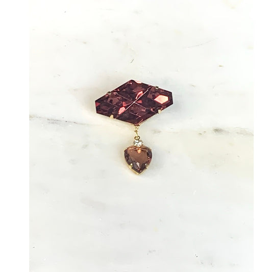 Vintage Faceted Amethyst Glass Brooch with Dangling Heart Charm Gold Tone