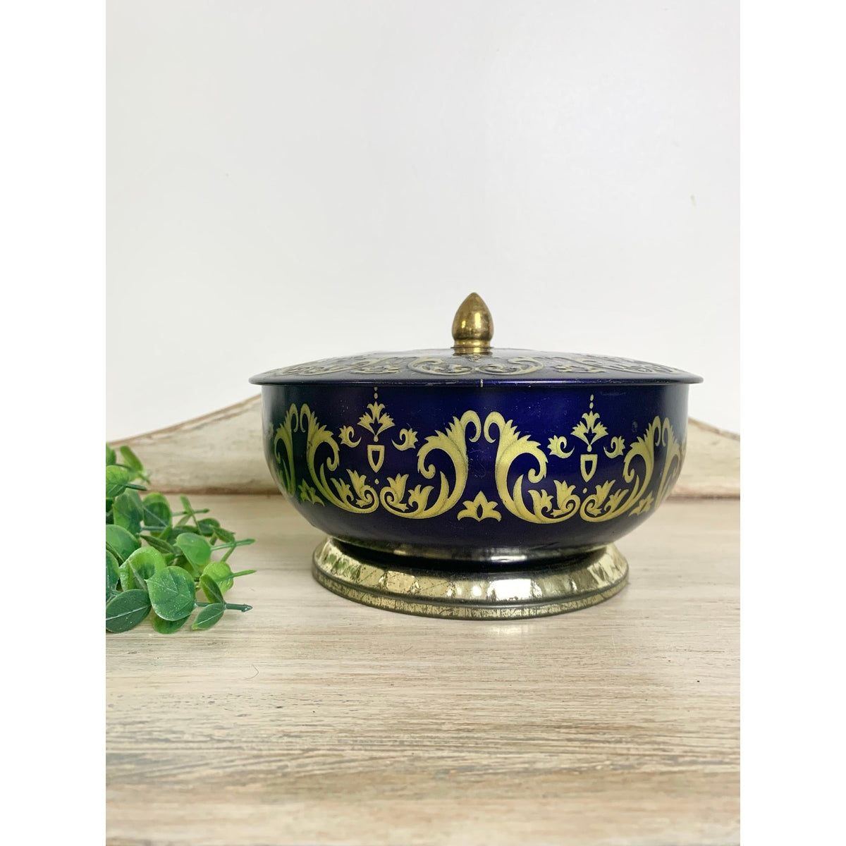 Vintage English Lidded Tin Tea Caddy Biscuit Tin Cobalt Blue Gold Lidded Container