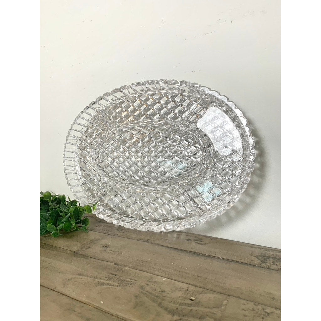 Vintage Clear Glass Divided Serving Platter Large 16.25” Oval Sectional Tray Thick Appetizers Relishes Charcuterie