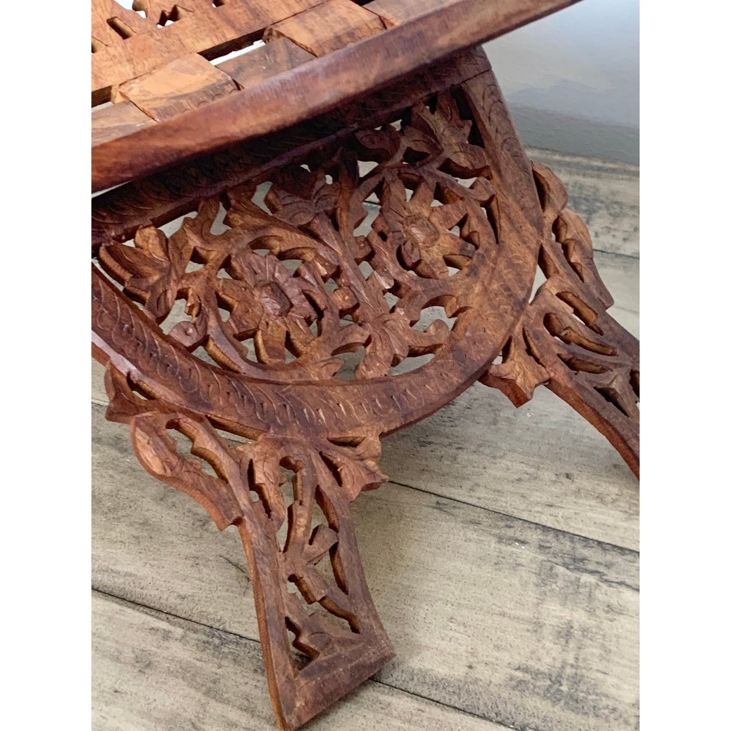 Vintage Hand Carved Wooden Book Stand Folding Ornate Cookbook Holder Mid Century