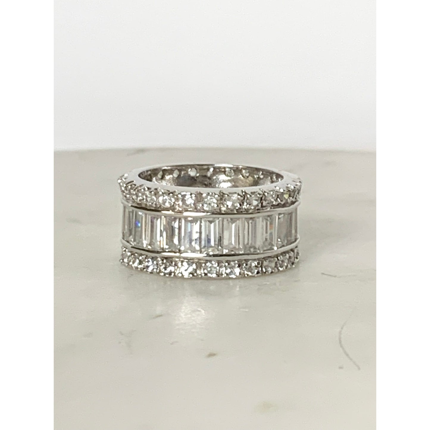 Vintage Sterling Silver Wide Band CZ Eternity Ring Size 8.25 RP 925 Classic Glam