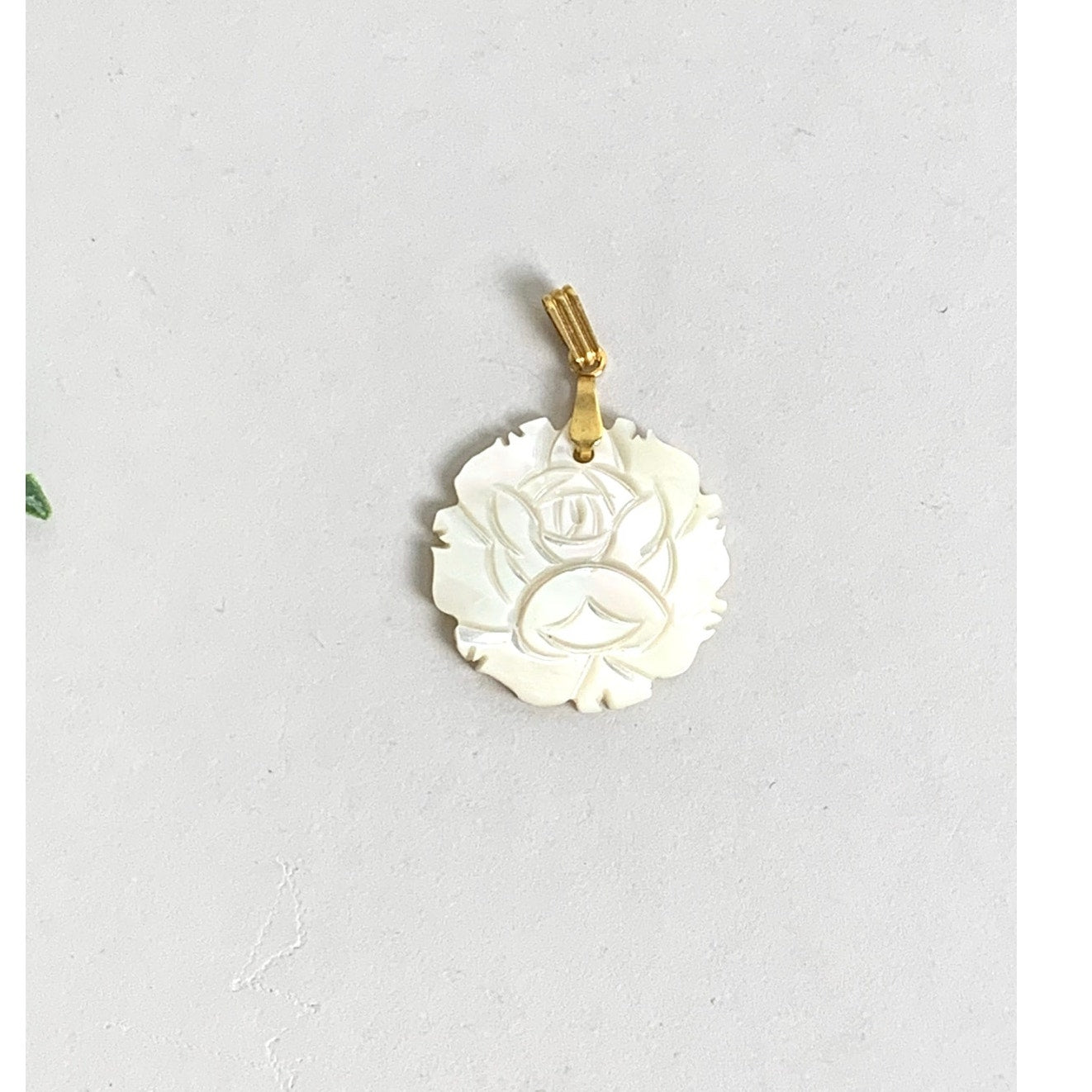 Vintage Mother of Pearl Flower Pendant Gold Tone Bale Carved Shell Charm Rose