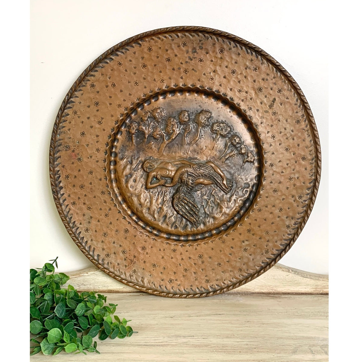 Vintage Copper Leda and Swan Repousse Wall Plaque Mythological Art Relief Scene