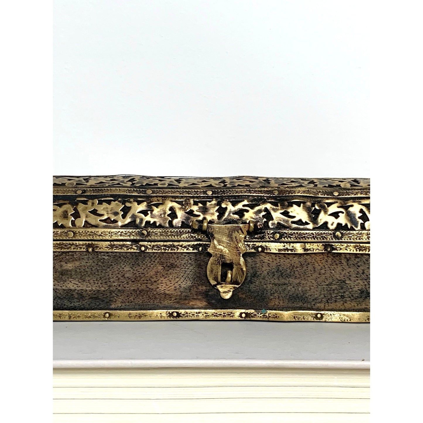 Vintage Brass Wood Trinket Box Floral Etched Hinged Jewelry Box Vanity Old World