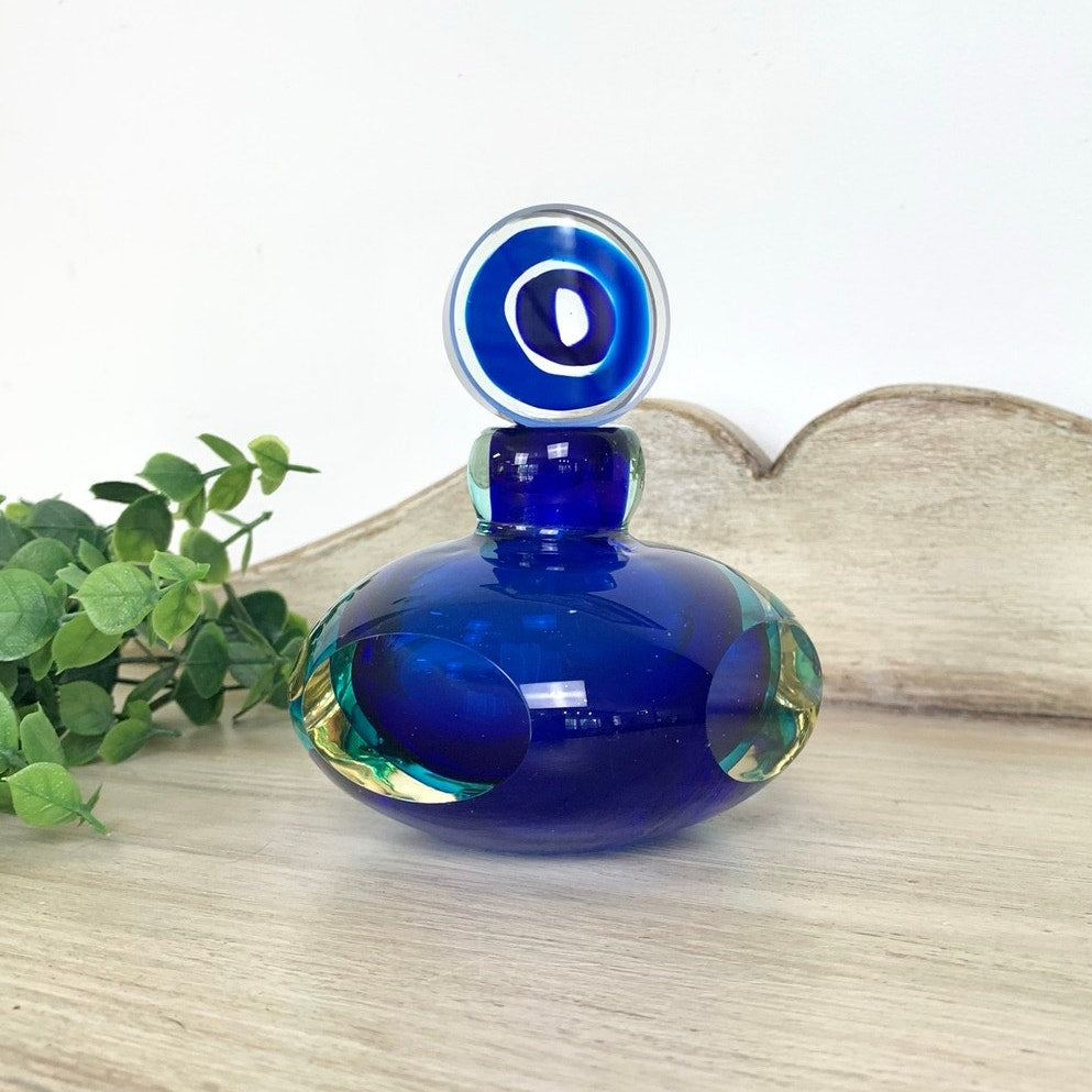 Vintage Murano Glass Perfume Bottle with Stopper Blue Sommerso Art Glass Retro MCM