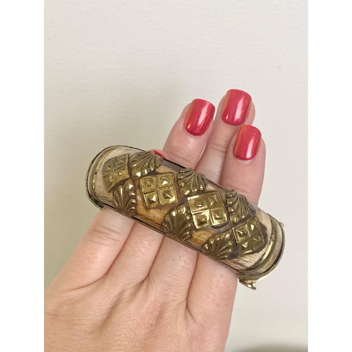 Vintage Camel Bone Bangle Bracelet Brass Overlay Hinged Statement Jewelry