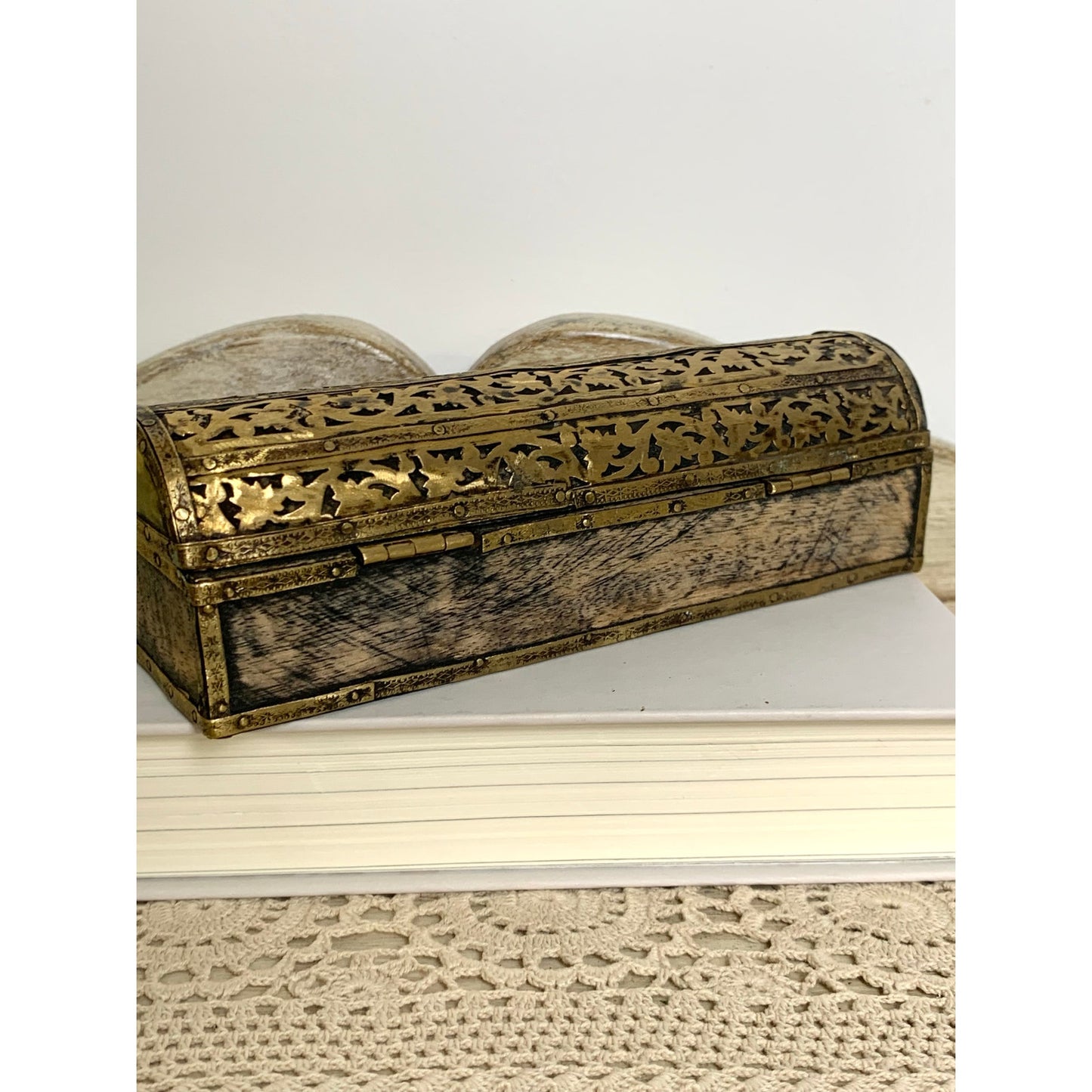 Vintage Brass Wood Trinket Box Floral Etched Hinged Jewelry Box Vanity Old World
