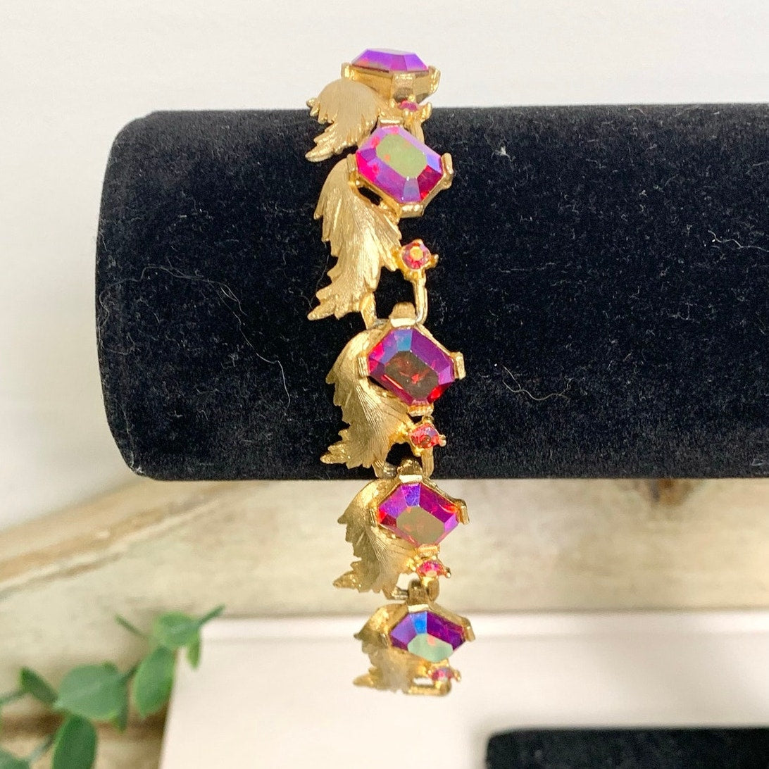 Vintage Pink Aurora Borealis Rhinestone Bracelet Gold Leaf Statement Jewelry Glam