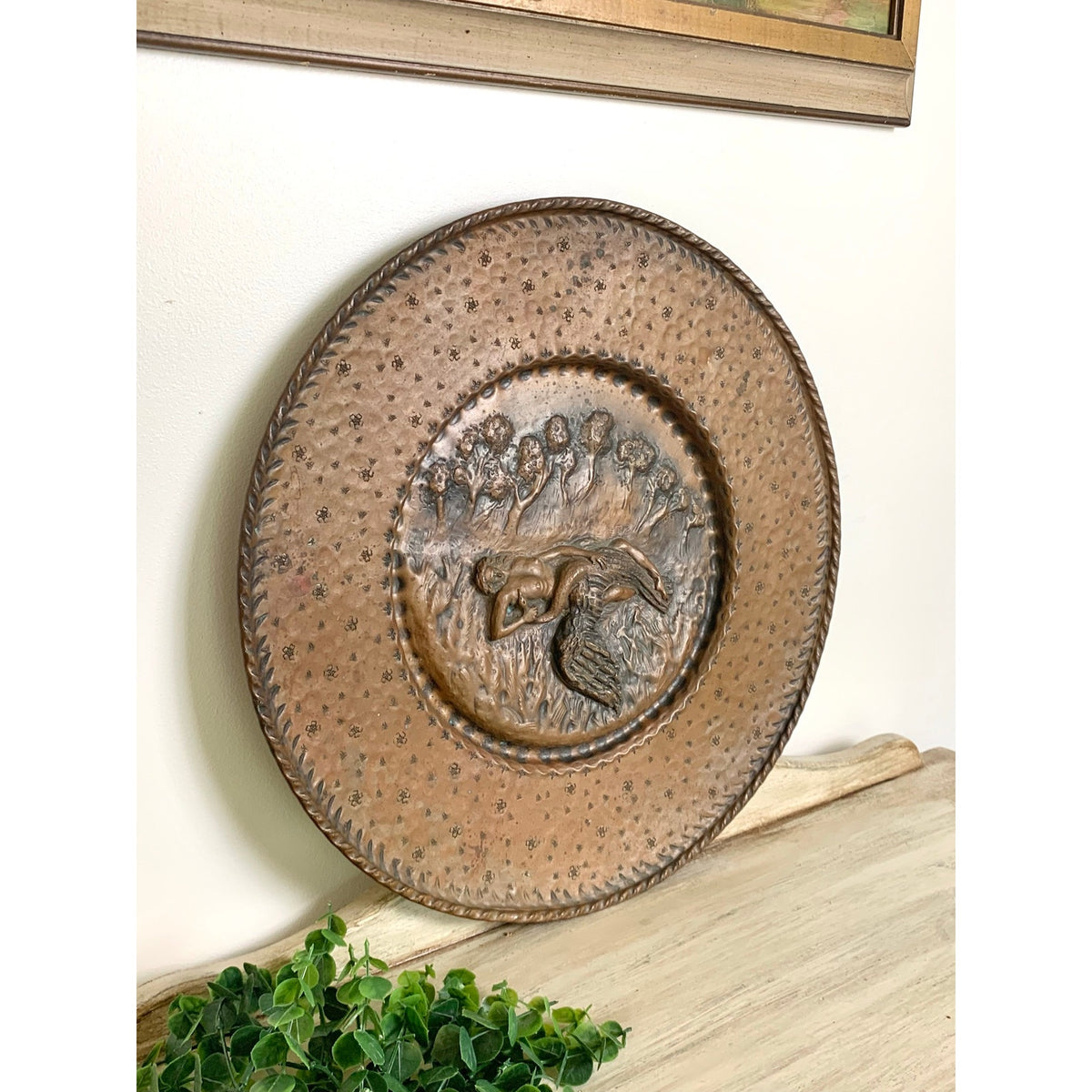 Vintage Copper Leda and Swan Repousse Wall Plaque Mythological Art Relief Scene