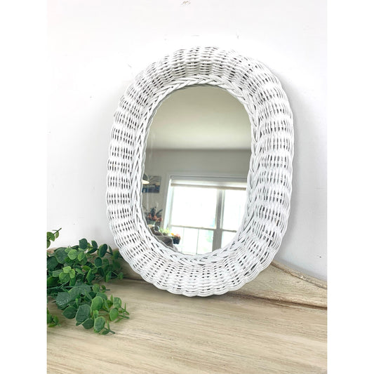 Vintage White Wicker Oval Wall Mirror Cottagecore Vanity Mirror Cottage Boho Rattan