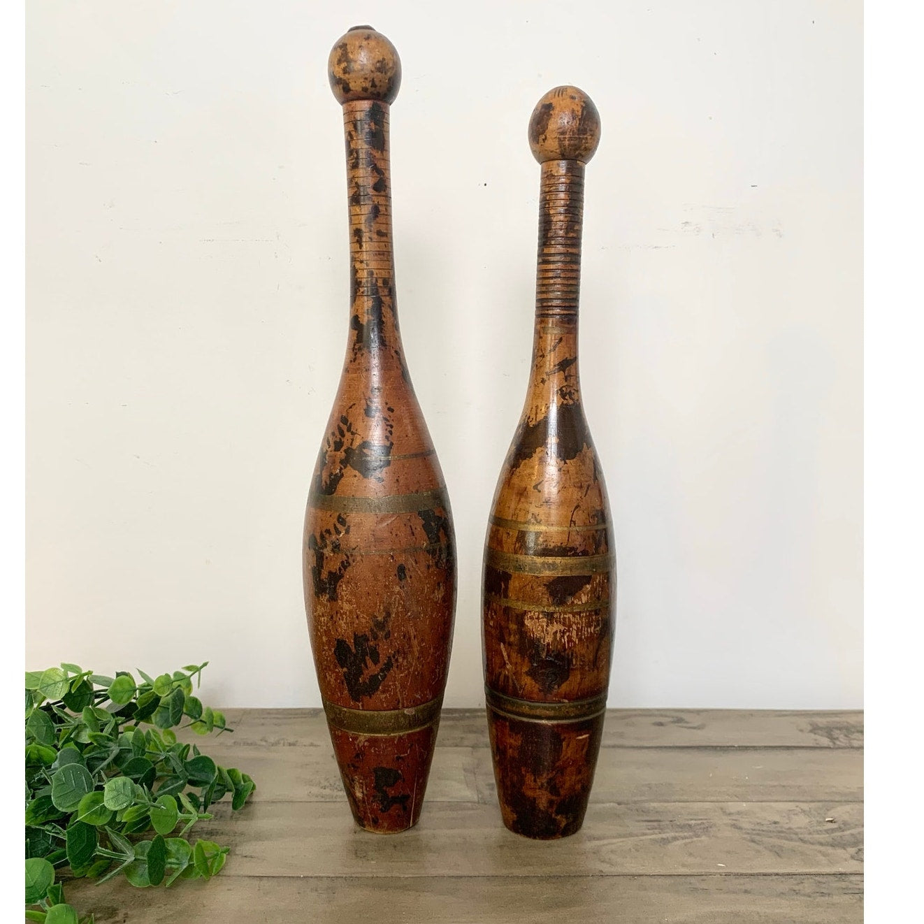 Antique Wooden Indian Clubs Rustic Decorative Skittles Pair Pins Old Money Aged