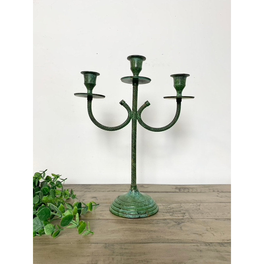 Vintage Verdigris Twisted Metal Candelabra – Green Triple Candle Holder Aged Patina Old World Christmas