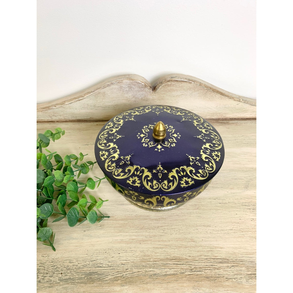 Vintage English Lidded Tin Tea Caddy Biscuit Tin Cobalt Blue Gold Lidded Container