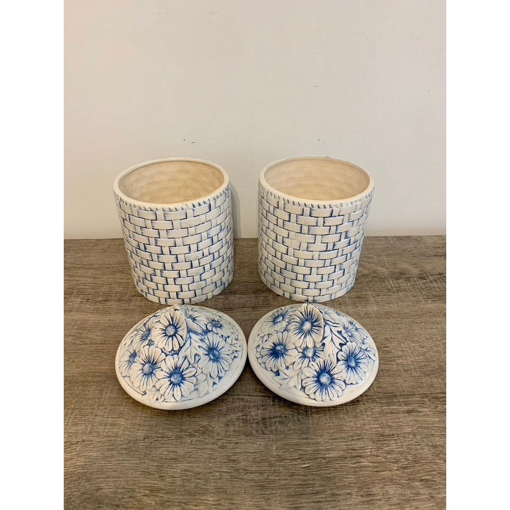 Vintage Lefton Blue & White Daisy Canisters - Set of Two Vintage Kitchen