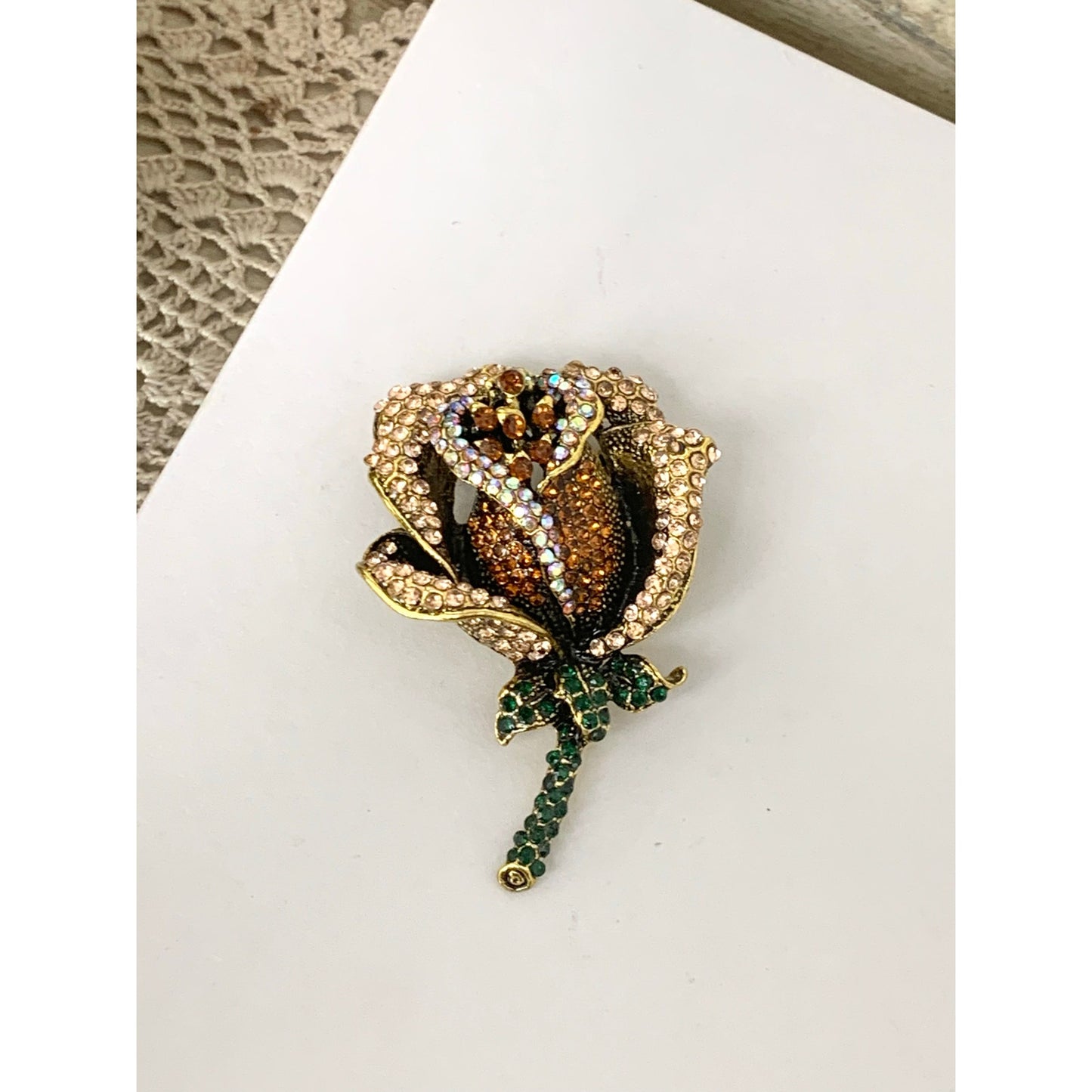Rhinestone Rose Brooch and Pendant Gold Tone Flower Pin Statement Jewelry