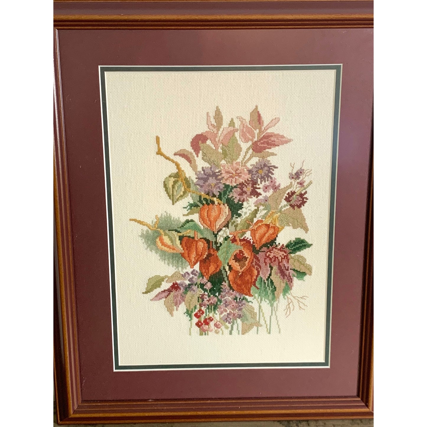 Vintage Framed Floral Needlepoint Hand Stitched Autumn Bouquet Wall Art