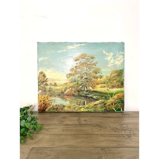 Vintage 1966 Landscape Oil Painting on Canvas – Signed C.A. Gays – Mid Century Original Farm Scene with Tree & Pond