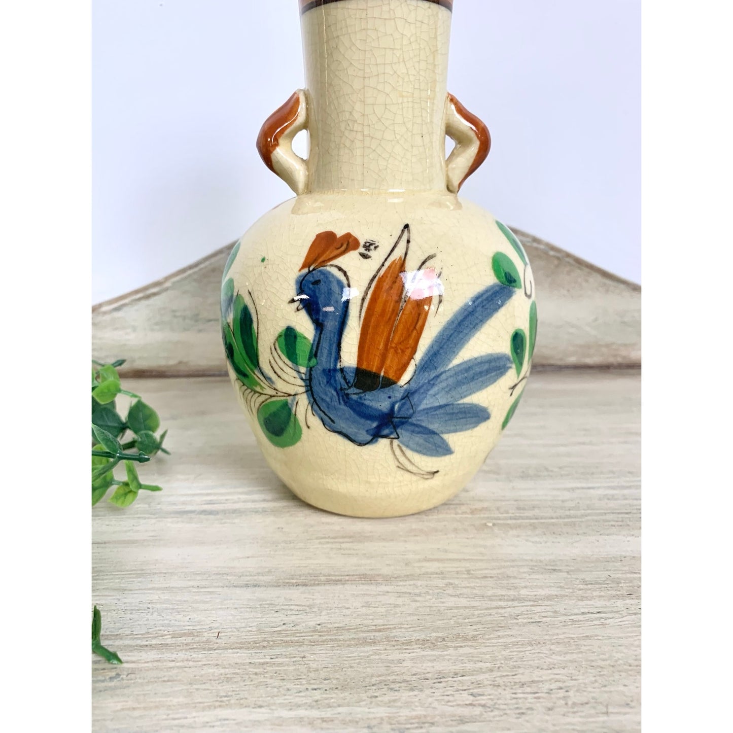 Vintage Thura Satsuma Vase Japan Ho Ho Bird Hand Painted Phoenix Mid Century