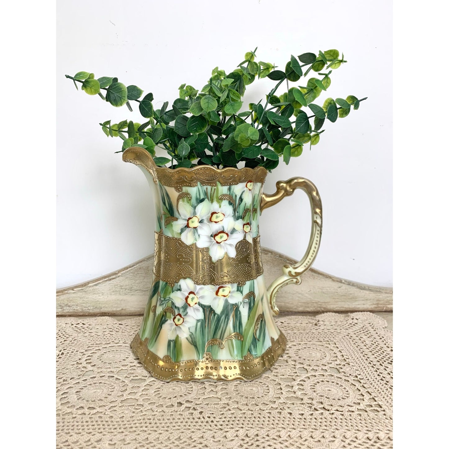 Antique Hand Painted Nippon Porcelain Pitcher Vase Floral Gold Romantic Cottage