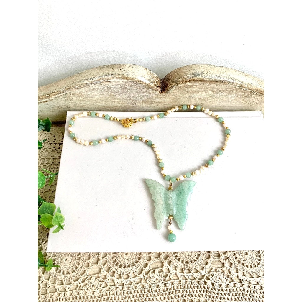Vintage Jade Butterfly Pendant Necklace Pearl Beaded Green Stone Statement