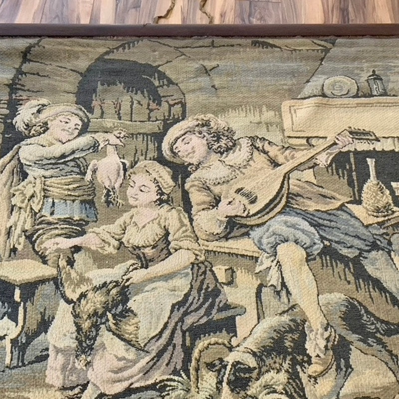 Antique French Renaissance Revival Tapestry Wall Hanging Romantic Courtship Scene