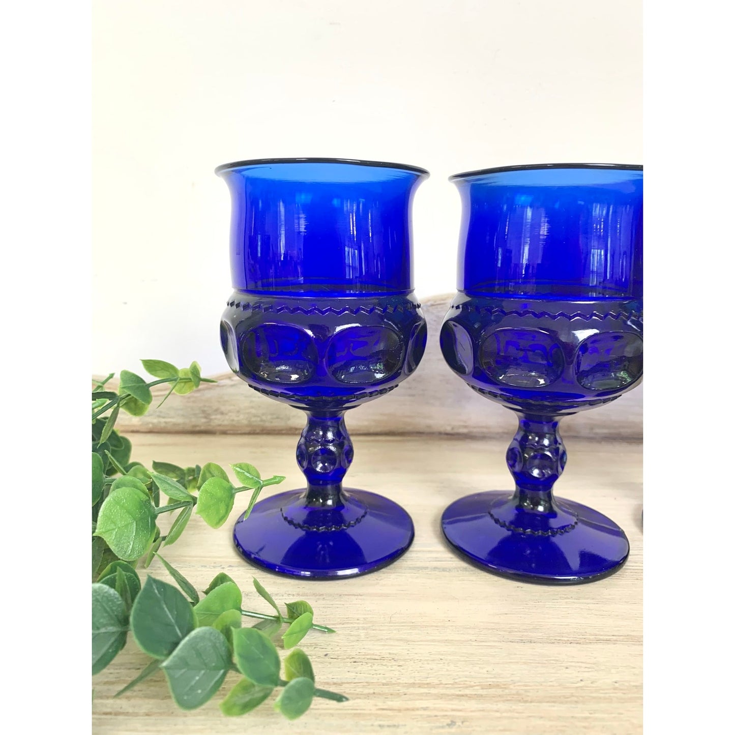 Vintage Indiana Glass Kings Crown Cobalt Blue Goblets Set of 4 Wine Glasses Mid Century