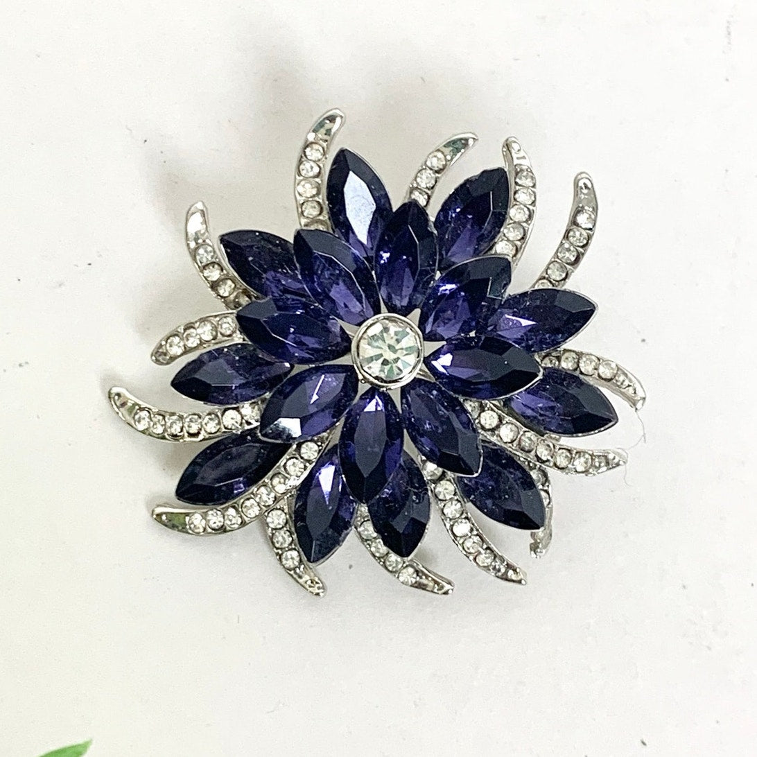 Vintage Blue Violet Rhinestone Flower Brooch Silvertone Statement Pin Mid Century Glam