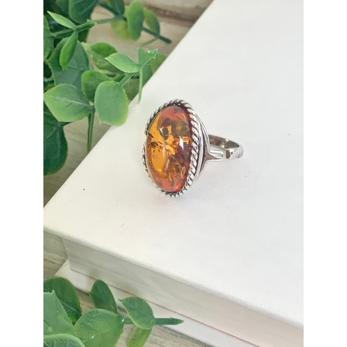 Vintage Sterling Silver Amber Ring Adjustable Oval Statement Jewelry Boho Southwestern