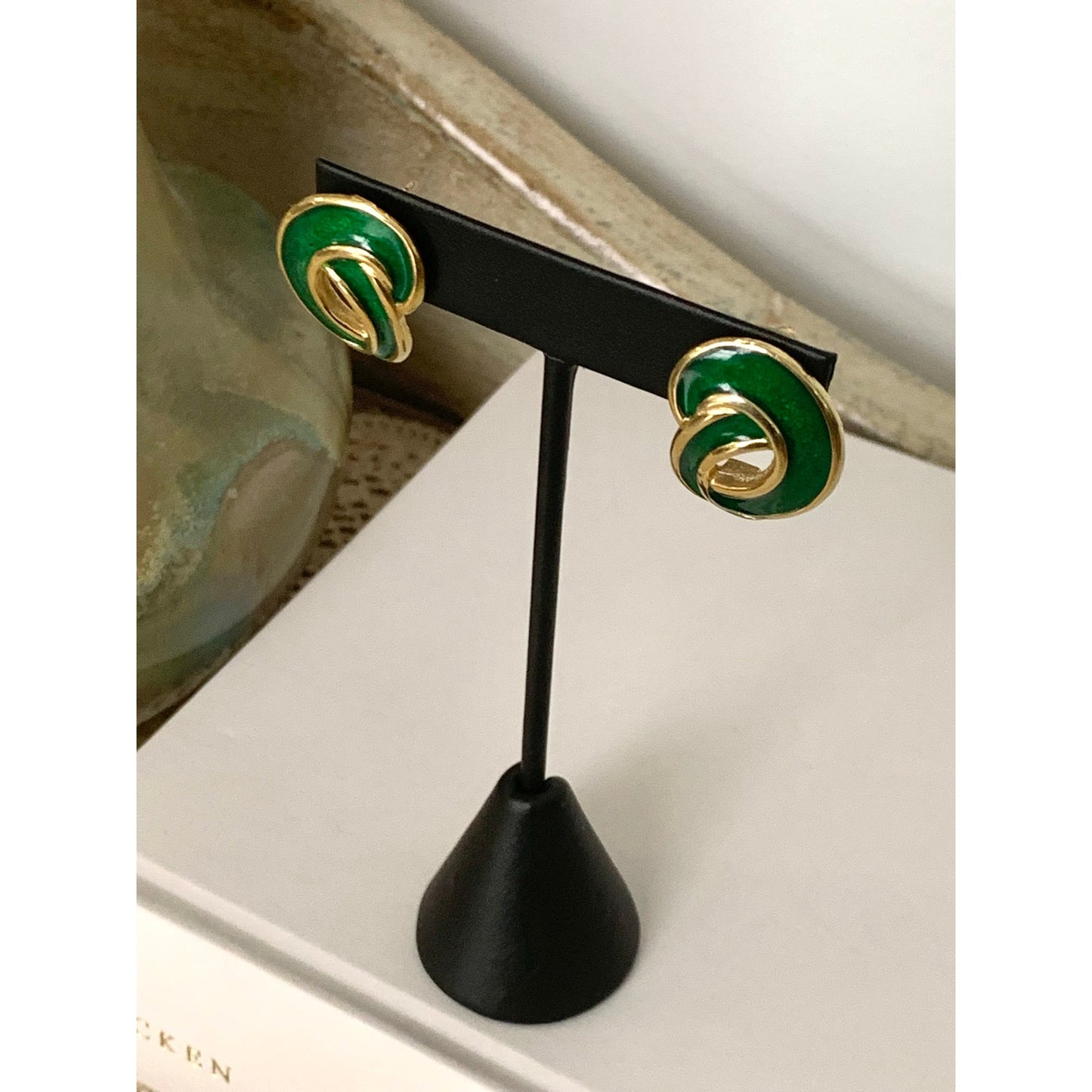 Vintage Green Enamel Goldtone Post Back Earrings Classic Jewelry Retro Glam