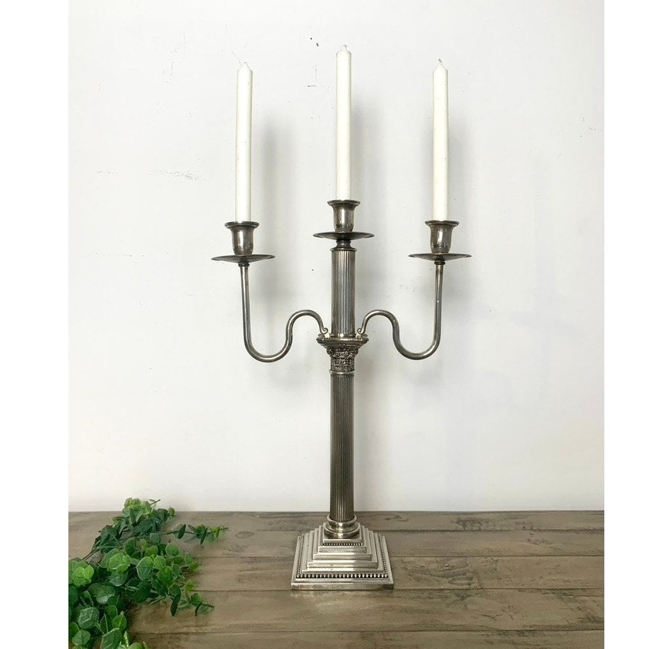 Vintage Godinger Silverplate Three-Arm Candelabra Neoclassical Fluted Column Elegant 19"