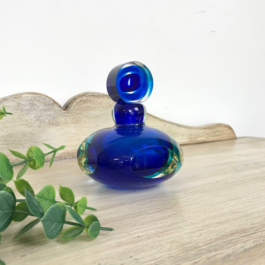 Vintage Murano Glass Perfume Bottle with Stopper Blue Sommerso Art Glass Retro MCM