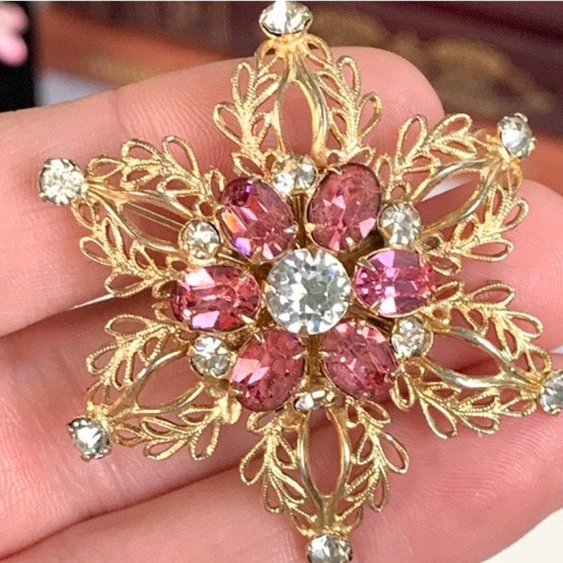 Vintage Scitarelli Pink Rhinestone Starburst Brooch Pendant Gold Tone Filigree Mid Century