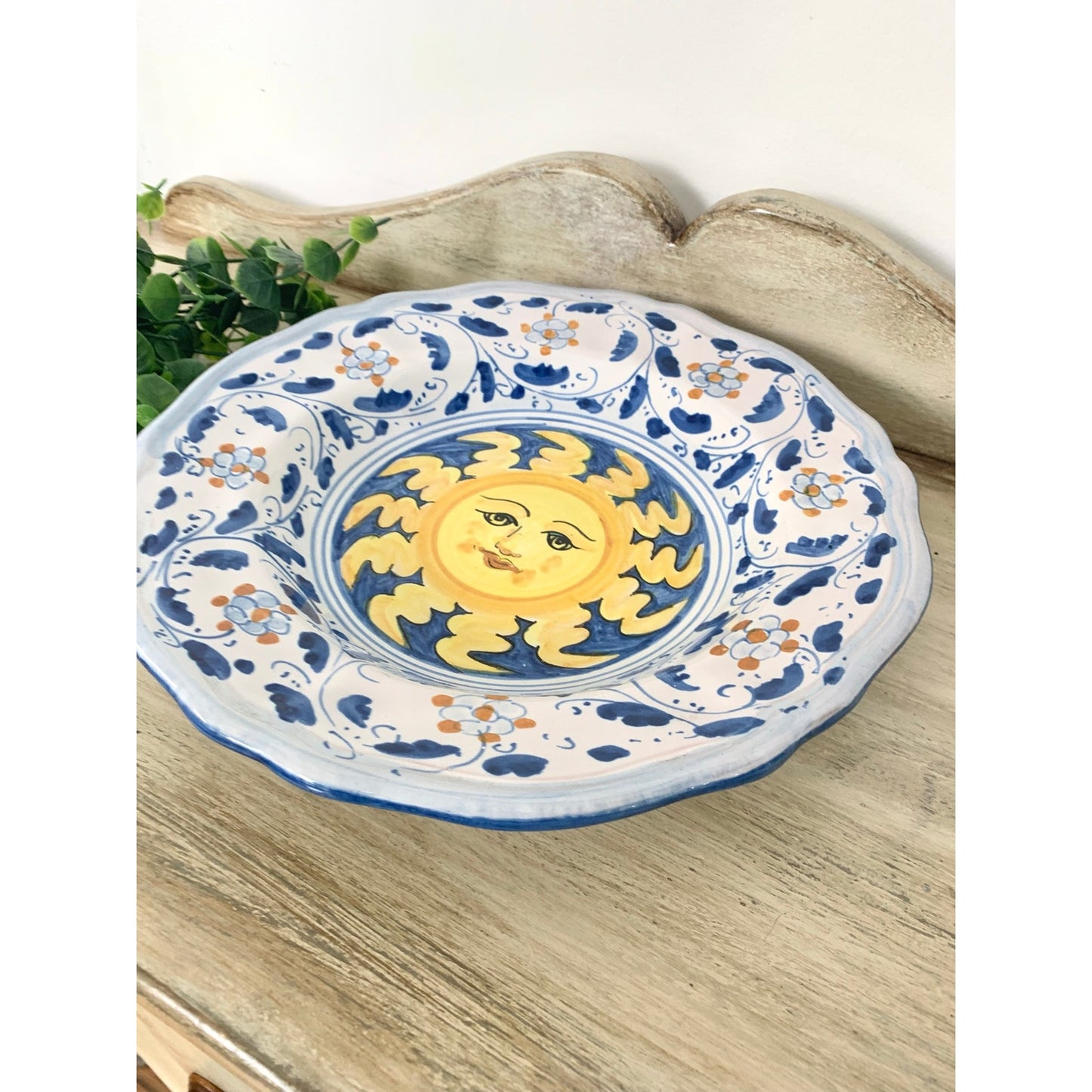 Vintage Italian Pottery Bowl Caltagirone Hand Painted Sun Sicilian Art Dish