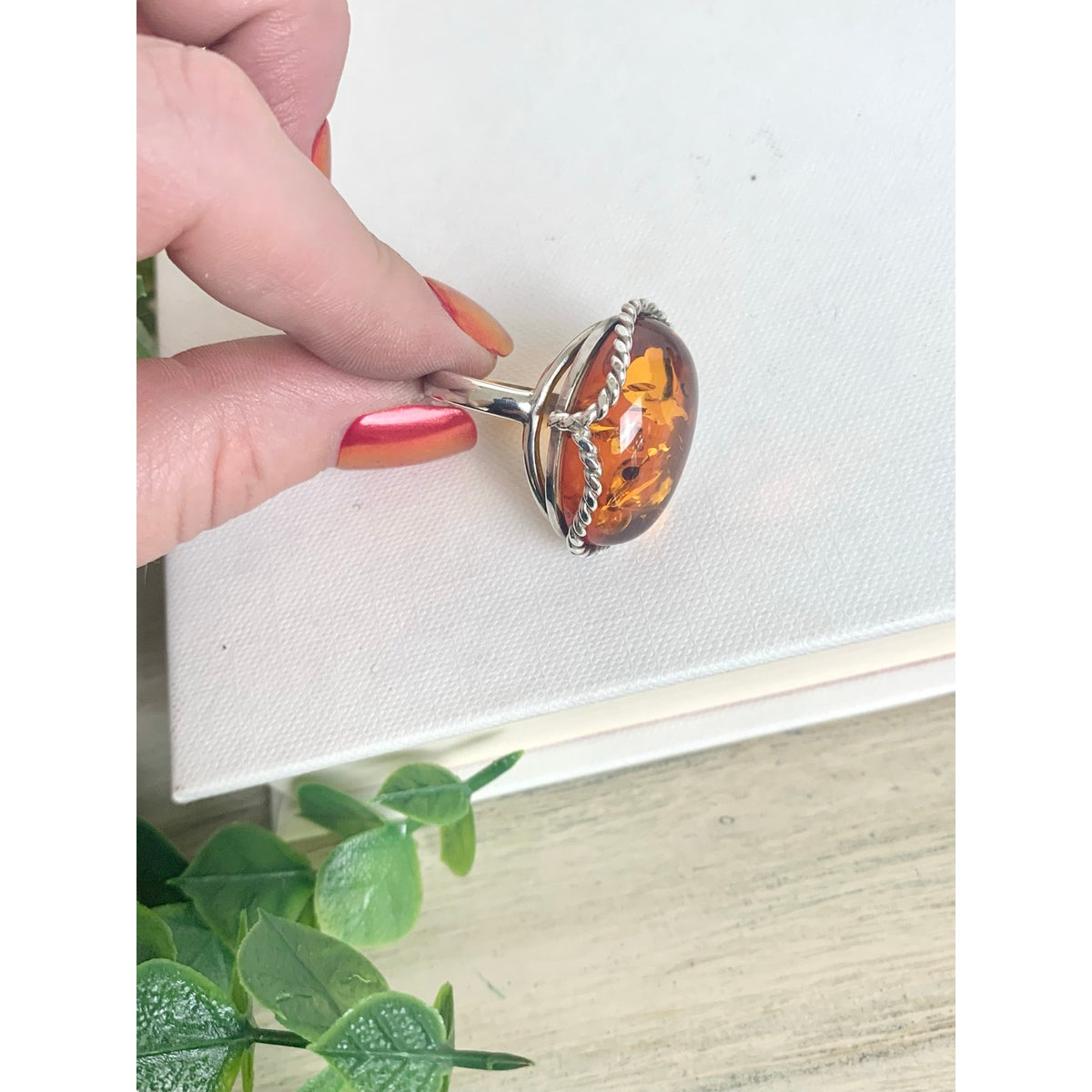 Vintage Sterling Silver Amber Ring Adjustable Oval Statement Jewelry Boho Southwestern