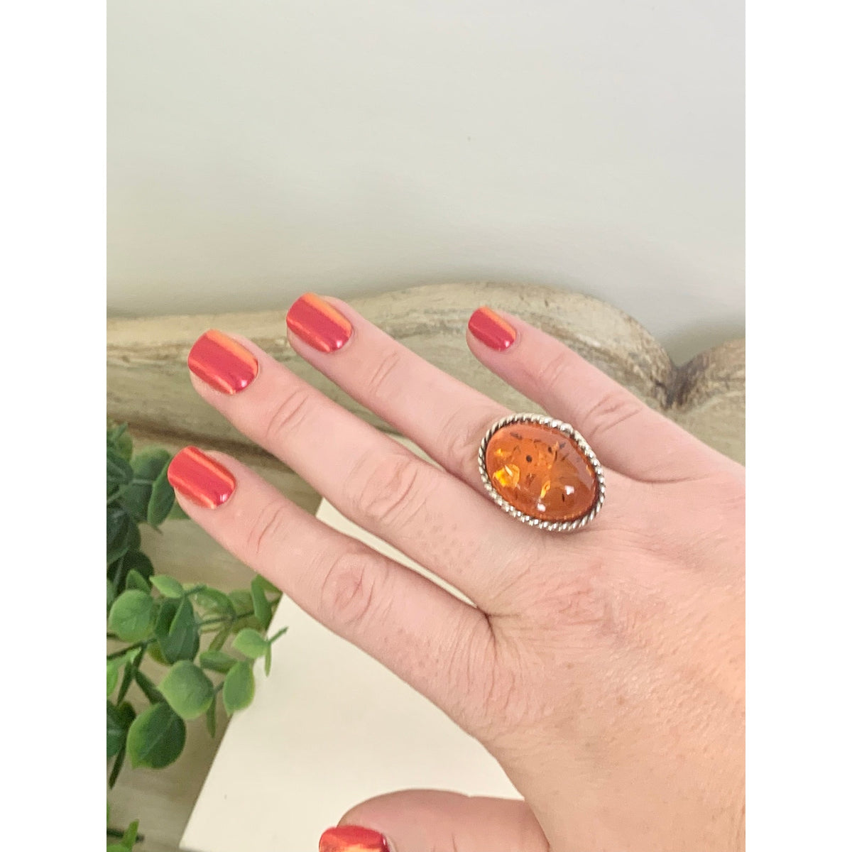Vintage Sterling Silver Amber Ring Adjustable Oval Statement Jewelry Boho Southwestern