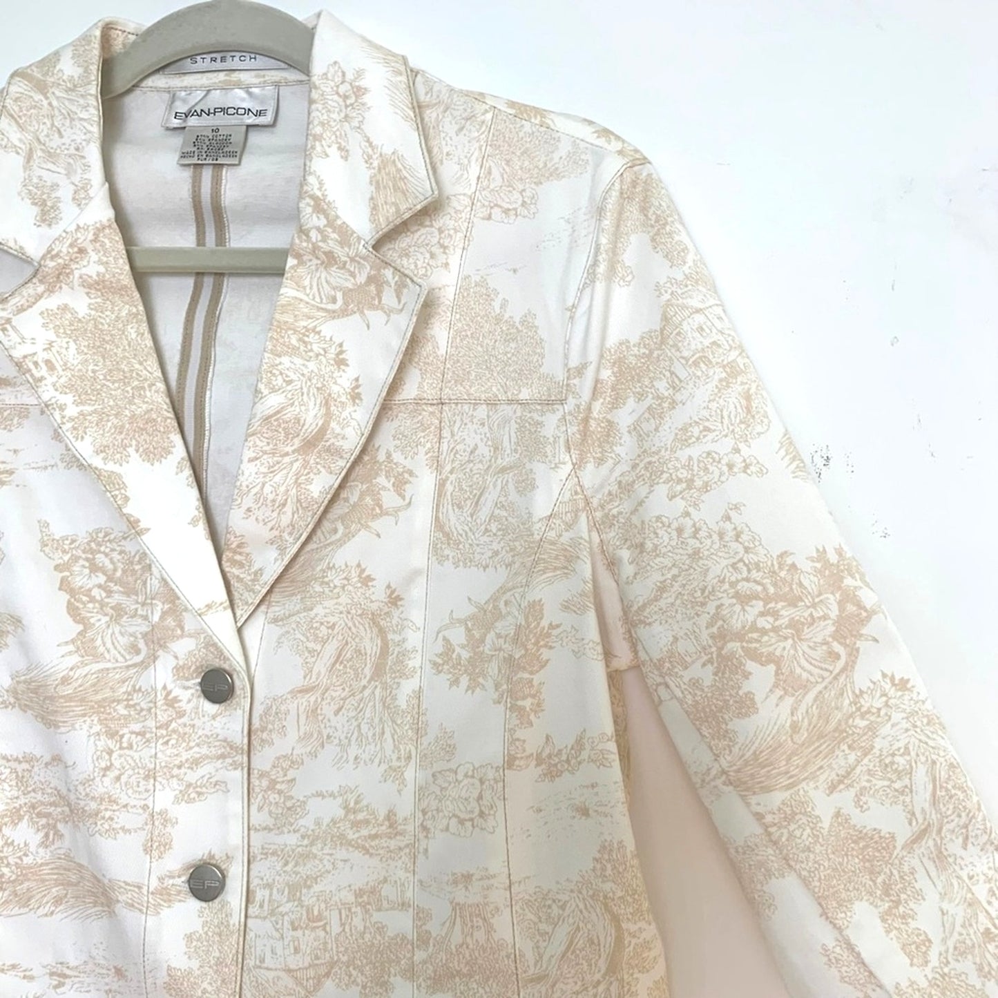 Evan Picone Toile Print Blazer White Beige Stretch Denim Jacket Structured Size 10