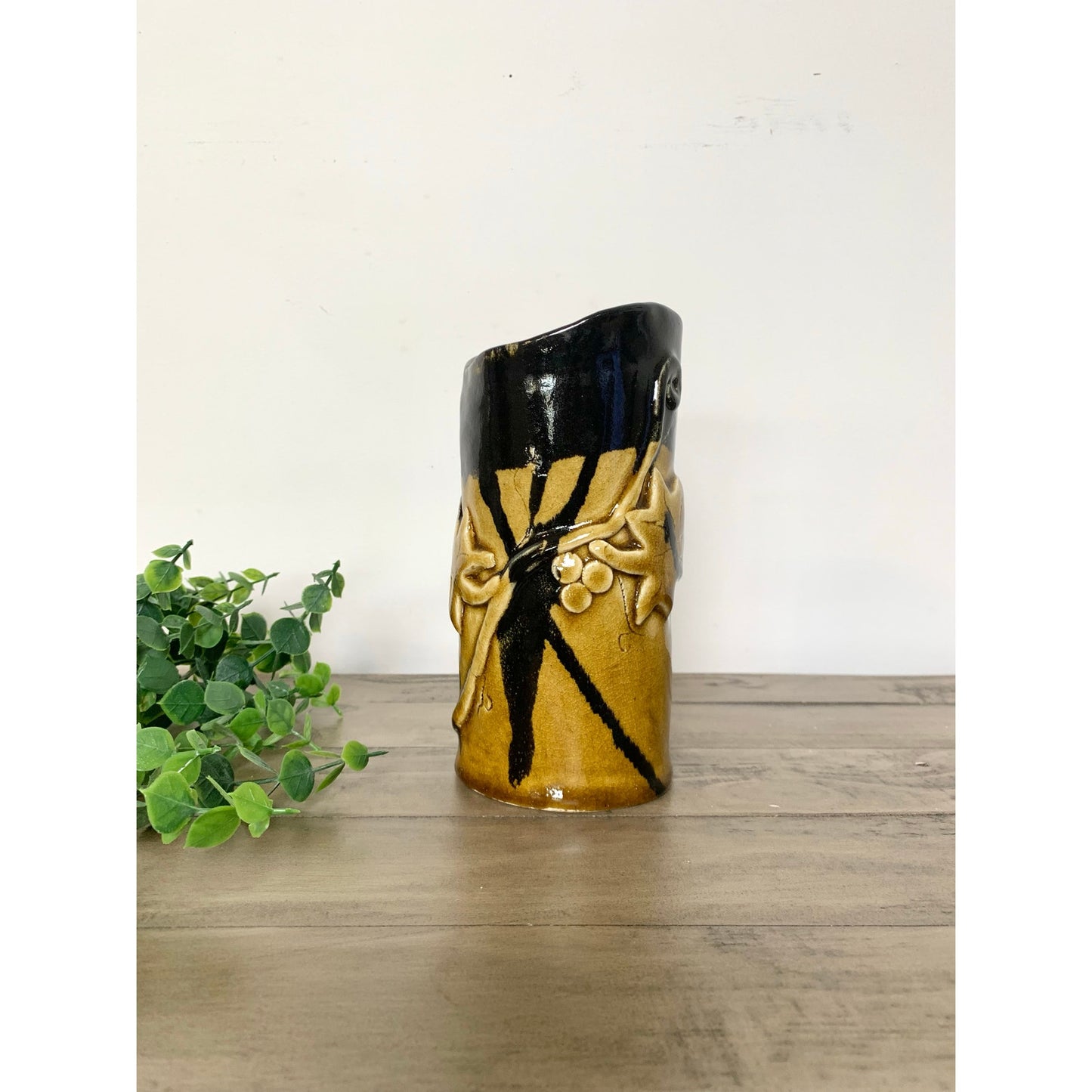 Vintage Black and Gold Ceramic Vase with Raised Vine and Leaf Design – Rustic Studio Pottery