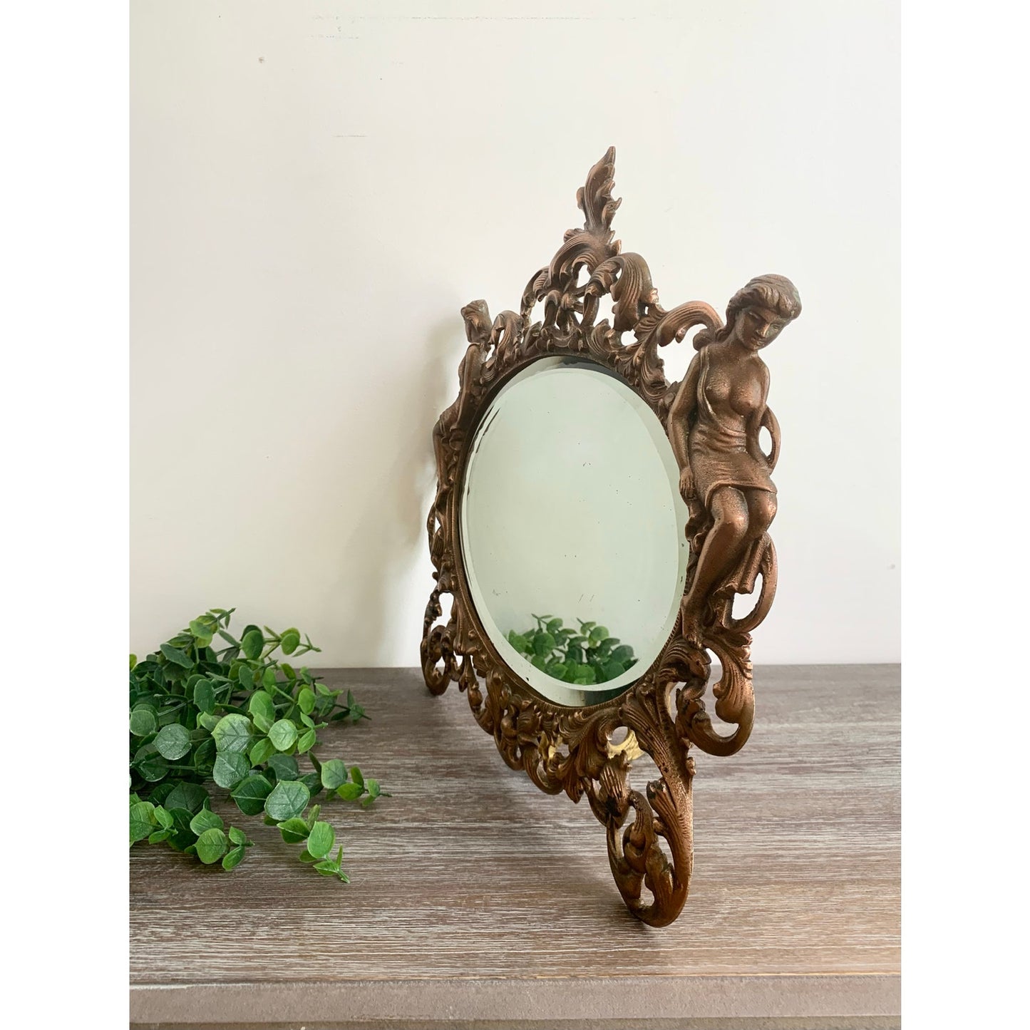 Vintage Art Nouveau Style Cast Iron Vanity Mirror with Kickstand Ornate Figural