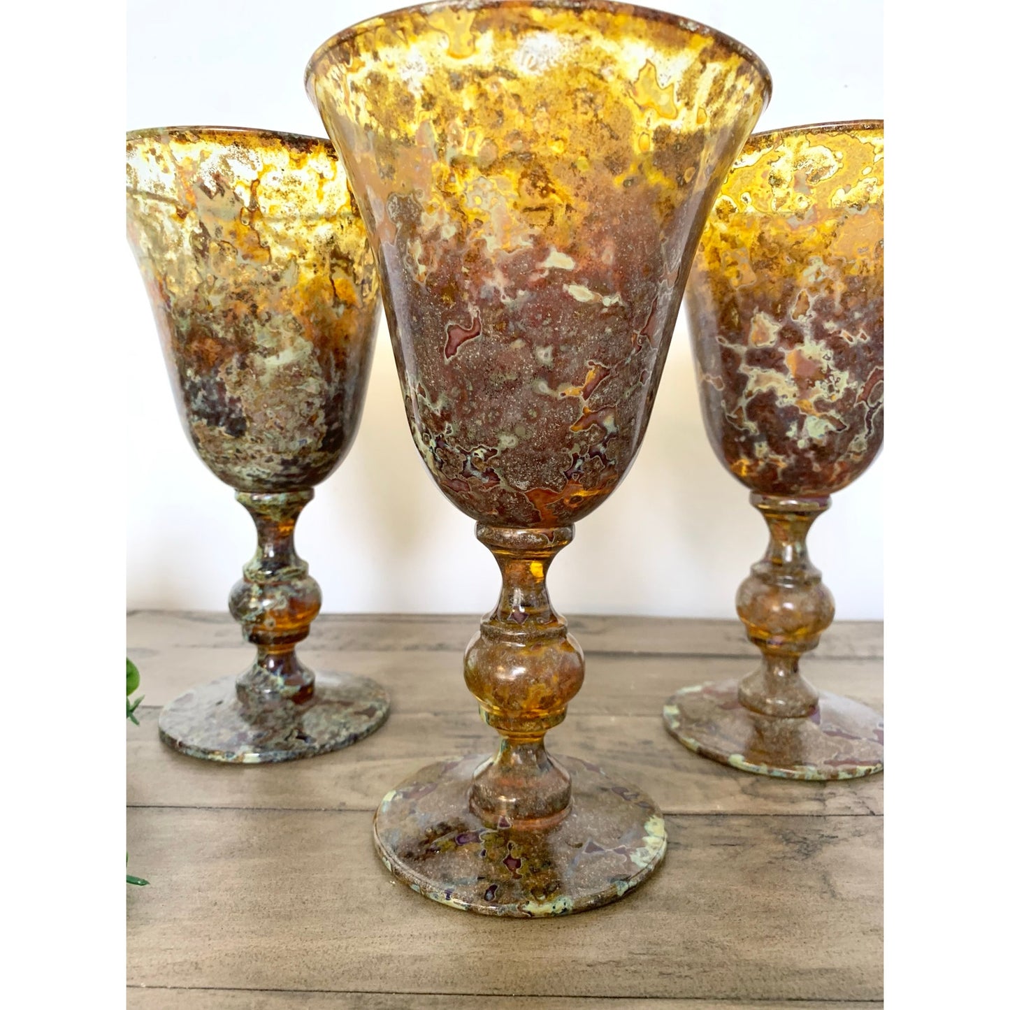 Neiman Marcus Red Moss Agate Goblets Set 3 Vintage Hand Blown Art Glass Poland